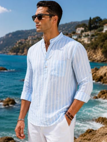 Image of Majestic Man Men's Pure Cotton Striped Mandarin Collar Slim Fit Roll-Up Sleeves Short Kurta