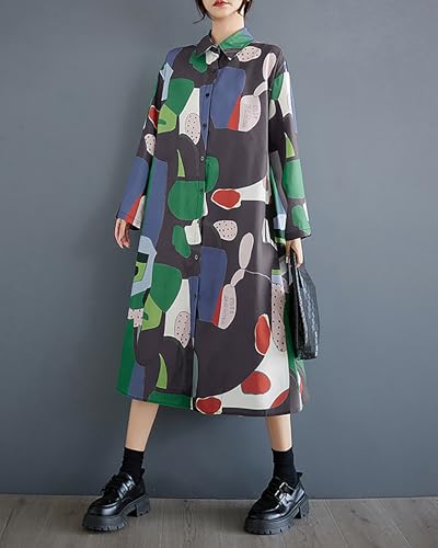 Image of ellazhu Womens Fall Casual Patchwork Funky Long Sleeve Designer Dress Loose Blouse GY2787 A