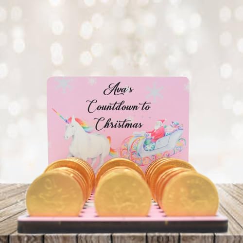 Image of Create Cherished Holiday Memories with Our Personalised Christmas Chocolate Coin Advent Calendar - A Festive Keepsake with Custom Name, Chocolate Slots, 17 Designs (Unicorn with Santa)