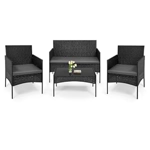 WOLTU Gartenmöbel 4-teilig Set mit 1 Sofa, 2 Sessel, 1 Couchtisch und Kissen Lounge-Möbel Outdoor 2-Sitzer-Bank mit Glas Gartentisch Terrassenmöbel Wetterfest für Garten, Terrassen, Balkon, Schwarz