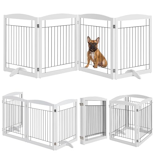Image of Yaheetech 32 inchH 4-Panel Extra Wide Freestanding Dog Gate For Stairs Doorways | Sturdy Construction, Durable Support Feet, Tool-Free Setup, Fold Flat Barrier Ideal for Small /Medium Dogs, White