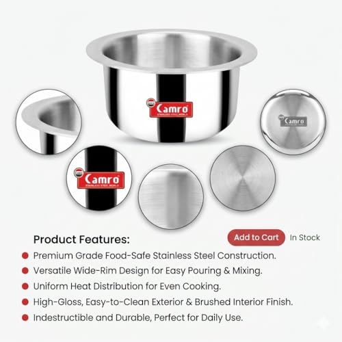 Image of Camro Tripro Triply Artisian Patila Steel 10 Litre Stainless Steel Kitchen Tope Bhagona Cookware for Cooking Boiling Steaming with Induction Base