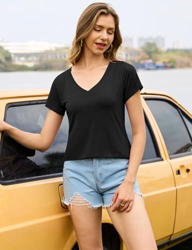 Amoretu Womens Tshirts V Neck Short Sleeve Tops Tee Solid Color Blouse4