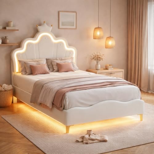 FEEOHOME Kinderbett 90 x 200 cm, Prinzessin Bett, gepolstertes Kinderbett für Teenager-Mädchen, mit Blumen-Kopfteil und Lattenrost, Matratze Nicht enthalten (Weiß)