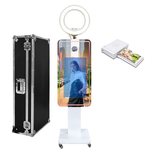 Cabina de fotos con espejo mágico con luz de relleno y pantalla táctil integrada, mini PC, luz RGB y uso compartido para eventos, fiestas, bodas, alquiler (máquina + mini impresora)