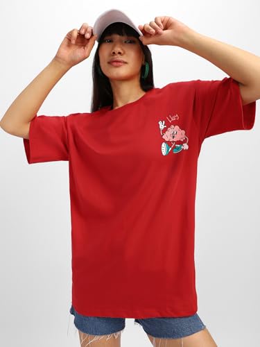 Image of JUNEBERRY Pure Cotton Oversized Baggy Fit Round Neck Drop Shoulder Swan White Back Graphic Printed T-Shirt for Women /Girls