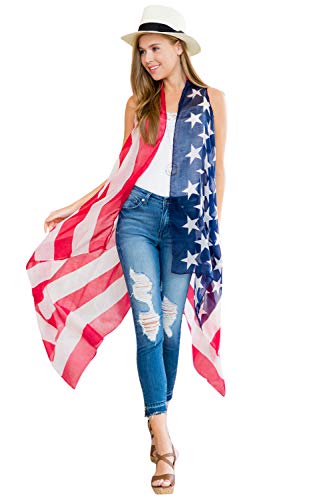 American Flag Print Cardigan - July 4th Independence USA Star Stripe Patriotic Shawl Open Kimono Cardi Wrap Long Vest (Long Vest - Graphic Flag)