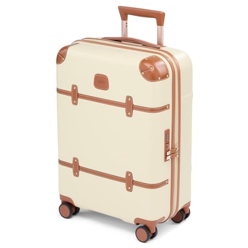 Bric's Bellagio 3.0 Spinner Trunk - Luxury Hardshell Luggage with Large Wheels, Telescopic Handle, Leather Detailing - Expandable Rolling Suitcase, Cream, 21", Bellagio 3.0