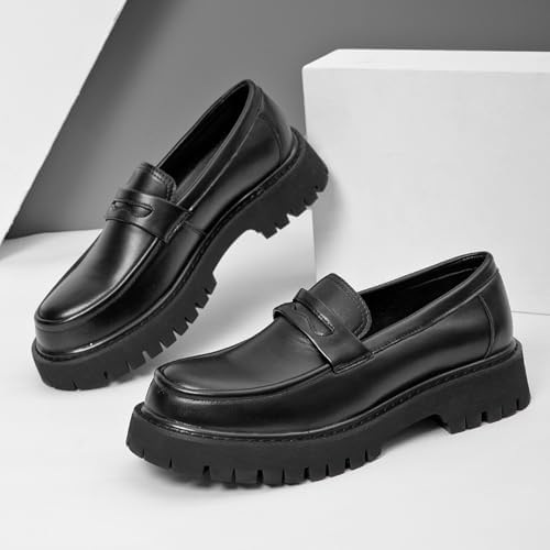 Men's Leather Platform Loafers - Non-Slip Lug Sole