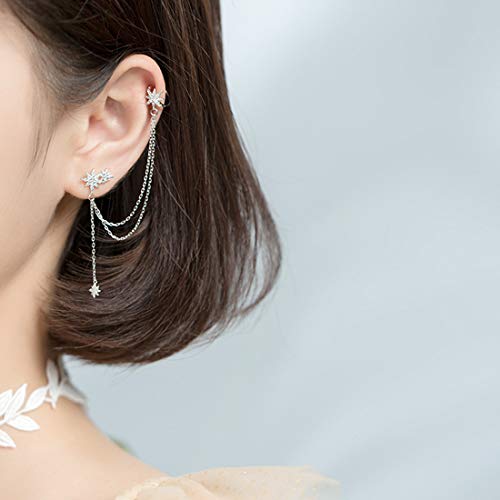 Sluynz 925 Sterling Silver Fashion Star Cuff Earring Chain For Women Teen Girls Star Crawler Earring Wrap Earrings (One Earring(Left)-Silver) #TOP3