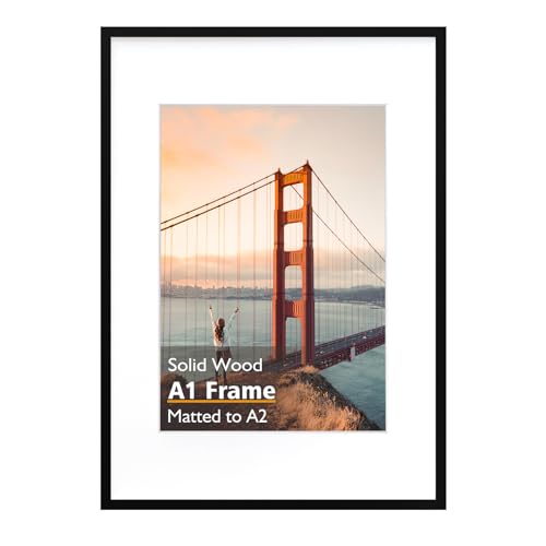 KINLINK A1 Picture Frame Black Solid Wood Frame with Acrylic Plexiglass for Pictures A2 with Mat or A1 without Mat Wall Mounting Display Photo Frame 1 Pack