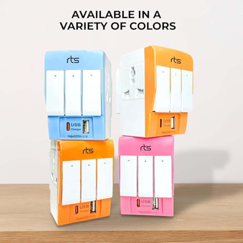 Image of Rts 3 Pin Multi Plug Socket-Worldwide Universal Travel Adapter with USB Ports & Type-C PD Individual Switch Safety Shutter LED Indicator-3 Way Plug Socket (5A-250V) Type D Plug for Home Office Blue