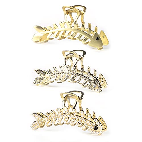 Hair Clips Fish Bone Shape Hair Claw Clip Large Rhinestones Metal Hair Jaw Clamps Imitation Pearl Hairpin Clips Nonslip Hair Clamps Gold Hair Accessories for Women Girls (3 Pack)