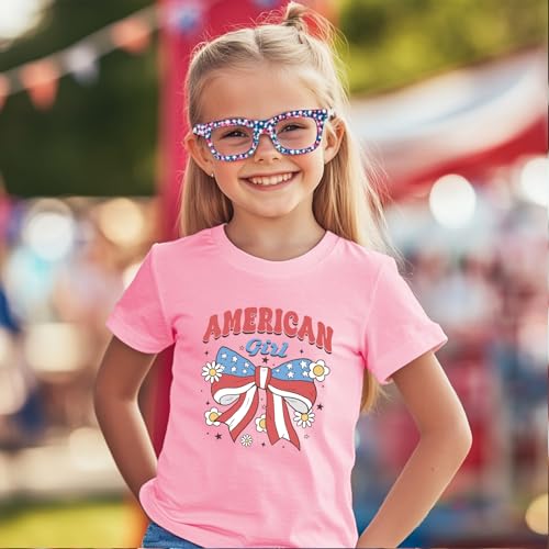 Image of Girl American Flag Shirts Bow Tshirt 4th of July Shirt Cotton Short Sleeve Tees 2-12 Years