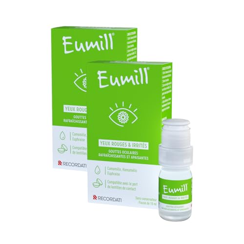 EUMILL | Yeux rouges & irrités | Gouttes oculaires rafraîchissantes et apaisantes | Réduisent rougeurs & apaisent les irritations | Compatibles avec lentilles de contact | Lot de 2 flacons x 10 ml