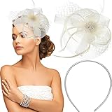 Chunyin Fascinator Hut Beige Blume Feder Netz Schleier Kopfschmuck Hut mit Clip Haarreif für Mädchen und Frauen