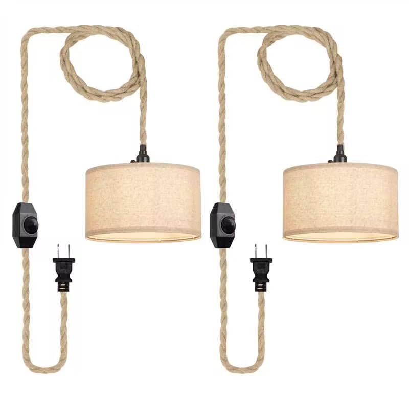Image of 2 Packs Plug in Pendant Lights Fabric Hanging Lamp Kit with Dimmable Switch 15 Ft Long Hemp Rope Farmhouse Pndant Light Cord Lighting Fixture DIY Hanging Light