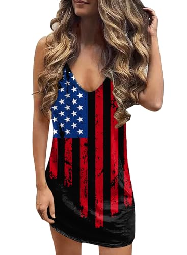 Image of For G and PL Women 4th of July American Flag Tank Dress Deep V Neck Stars Stripe Mini Patriotic Sleeveless Sundress