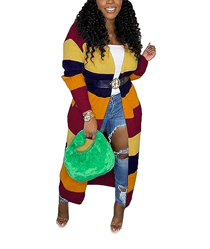 Image of SOMTHRON Women's Fall Cardigan Sweater Open Front Color Block Striped Knit Long Draped Coat Duster Outerwear