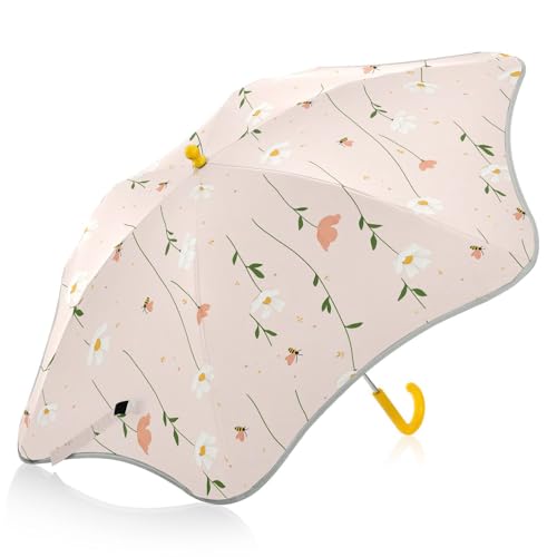 Linqin Paraguas rosa en polvo lindo y blanco para niños, resistente al viento, impermeable, con banda reflectante, paraguas de viaje con mango de gancho fácil de agarrar para niños niñas