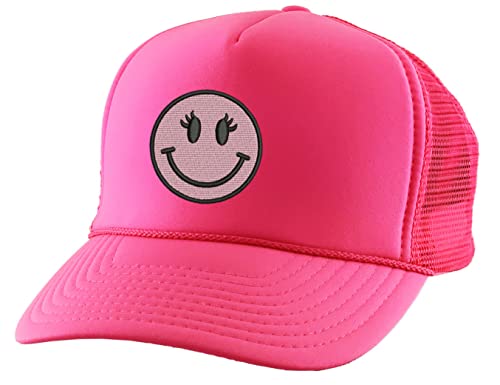 Allntrends Girl Smiley Face Trucker Hat Embroidered Adult Baseball Cap Adjustable Snapback (Neon Pink) #TOP4