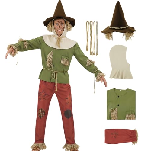 AYYOHON Scarecrow Costume Men Green Shirt Red Pants Hood Witch Hat Ropes Straw Wizard Kit for Halloween Cosplay Outfits 2XL