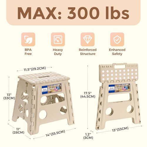 Image of ACKO Folding Step Stool, 13 Inch Non-Slip Foldable Step Stool for Adults & Kids, Up to 300 lbs, Lightweight Collapsible Foot Stools with Carry Handle for Kitchen, Bathroom, Bedroom, Khaki