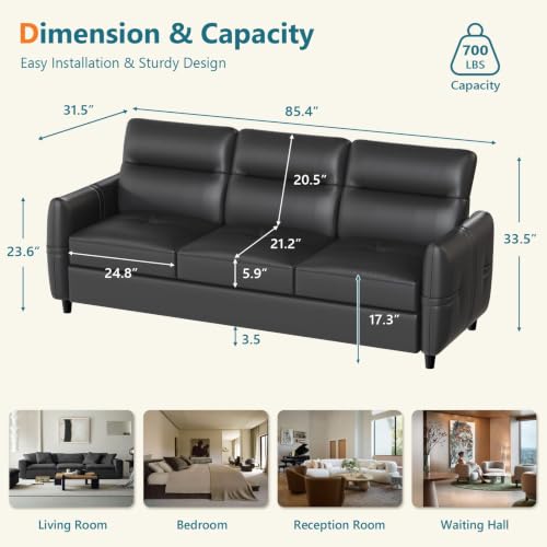 Image of 85'' Black Faux Leather Couch with USB, 3-Seater Sofa for Living Room | Large Leather Sofa and Comfy Couch, Mid-Century Modern Design with Comfy Seating, Office Apartment Bedroom, Black