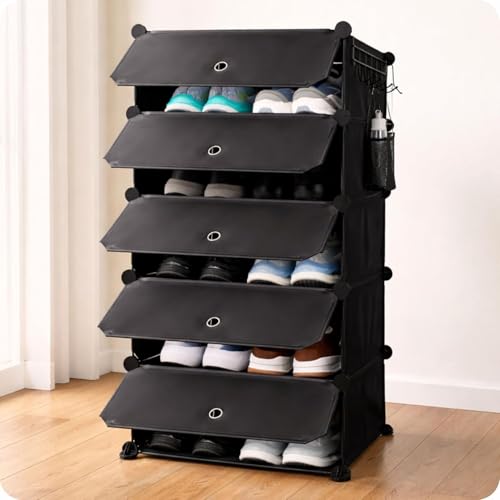 TEKCOOL ???? ???????????????????? Shoe Rack with Door ???????????????????????????? & 5 ???????????????? ???????????????????? ???????????????????????? for Home Storage PP Plastic Box Organizer with Metal Door Frame, Chappal Slipper Sandals Stand (Black