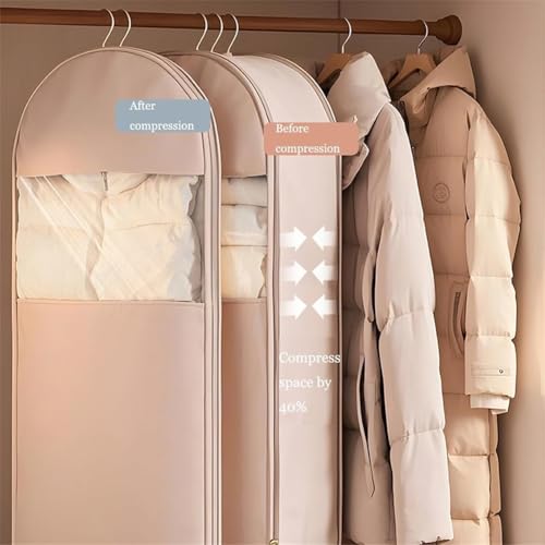 Space Saving Hanging Garment Bag with Self Compression Zipper, 2025 Upgrade Space Saver Closet Organizers, 1/2/3/4/5/6Pcs Self Compression Zip Garment Bags (5Pcs Beige,51IN)2