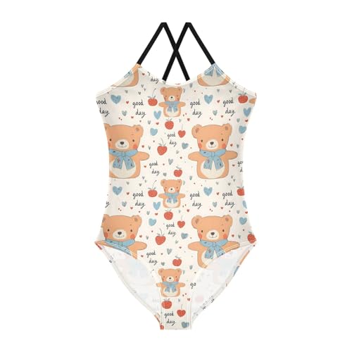 senya Girls Swimsuits One-Piece Swimwear Tie Bathing Suit Beach Summer Round Neck 7-8T Little Bear Apple Pattern