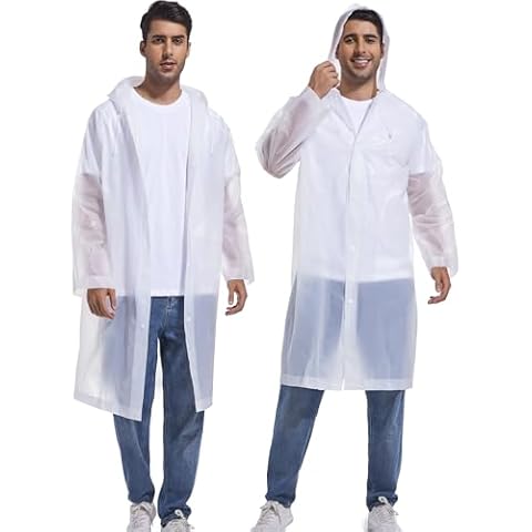 2-Pack Reusable Rain Ponchos for Adults, HOOMBOOM Raincoats Emergency for Women/Men with Drawstring and Sleeves White Cover