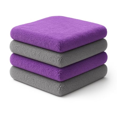 Paks - Edgeless Microfiber Towels 4-Pack - Car Detailing Wash Cloths for Cleaning - 16x16 Car Drying Towel - Lint Free Auto Rags for Polishing & Buffing - Purple & Grey Cleaning Supplies