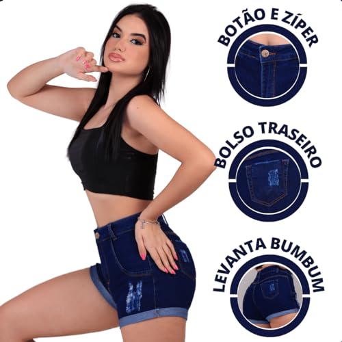Shorts Jeans Feminino Com Lycra Cintura Alta Short De Jeans Azul Sem Lycra (44, Azul)