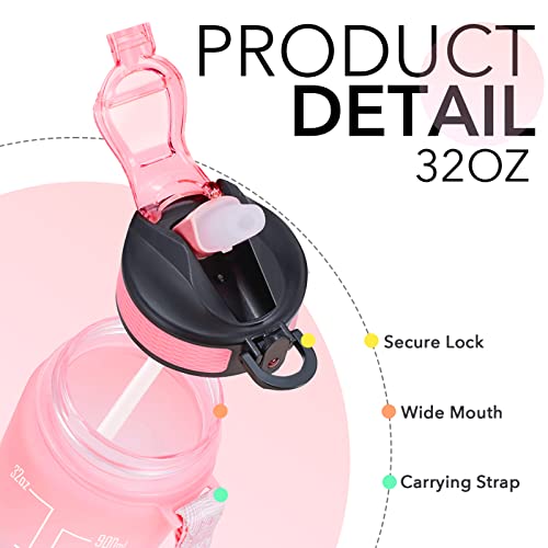 Image of HYETA 32 OZ Water Bottle with Times to Drink and Straw, Motivational Time Marker Water Bottles with Strap, Leakproof & BPA Free, 1 Liter Reusable Sports Water Bottle for Fitness, Gym & Outdoors, Pink-Blue