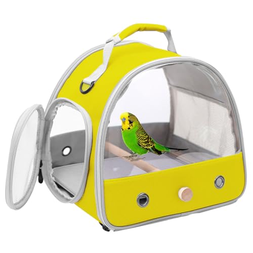 Image of Bird Carrier, Portable Small Bird Parrot Parakeet Carrier with Standing Perch and Stainless Steel Tray, Side Access Window Collapsible (Yellow, Clear Windows)