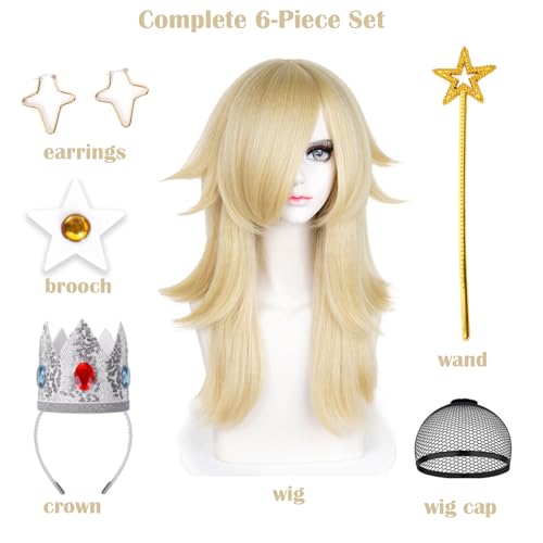 Image of LABEAUTE 6Pcs Long Blonde Princess Cosplay Wig for Women with Crown Wand Brooch Earrings Wig Cap Anime Costume for Halloween /Party