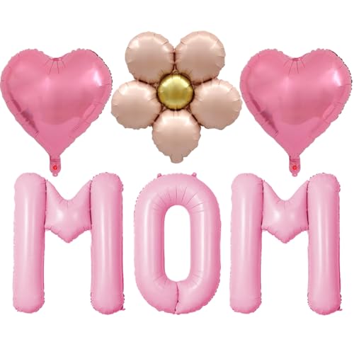 Pink Mothers Day Balloons Pink Heart Mom Birthday Foil Balloons Daisy Flower Balloon for Mothers Day Themed Party Supplies Mon Birthday Party Decorations Set-6 Pcs