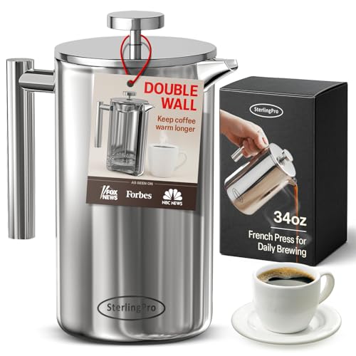 SterlingPro Stainless Steel French Press Coffee Maker Large 1 L(34 oz) Mirror – Durable Double...