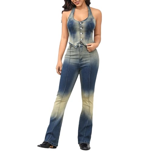 ECHOINE Women Two Piece Denim Set Sexy Cropped Button Down Tank Top and Flared Jeans Vintage 2 Piece Outfits