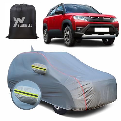 Image of Car Body Cover for Maruti Brezza, 100% Waterproof, Heat-Resistant with Mirror & Antenna Pockets, Soft Cotton Lining, Triple Stitched, Green Reflector (Metallic Grey)