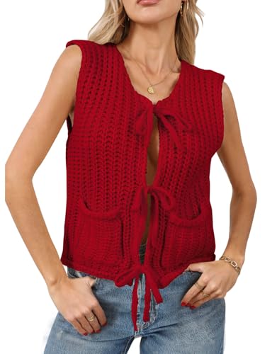 Image of Trendy Cardigan Sweater Vest Crochet Knit Top Sleeveless Bows with Pockets