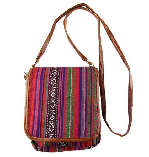 Zisla Petit sac à bandoulière ethnique en toile 2 compartiments et couvercle, sac décontracté de 18 x 16 x 6 cm, Multicolore - Rose Cover