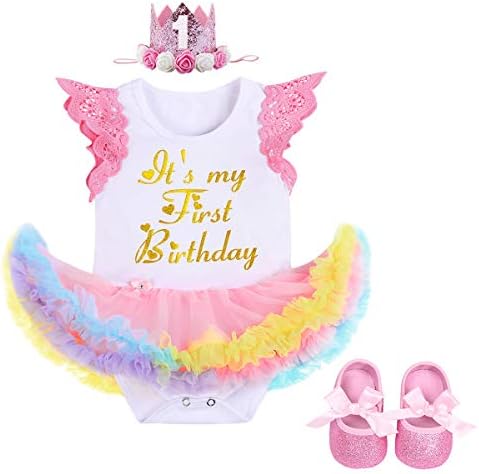 ODASDO Baby Girl First Birthday Outfit Rainbow Tulle Vest Tutu Princess Romper Dress Bodysuit Tiara Crown Headband Shoes 3pcs Cake Smash Set Photo Props Pink 6-12 Months