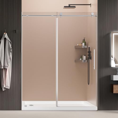 58-60' Wx74 H Frameless Single Sliding Shower Door, 5/16' Tempered Glass&Shatter Proof Film Doubling Safety, Easy Clean Coating&Stainless Steel Hardware,Strong Seals Water Protection
