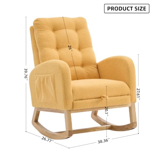Image of Rocking Chair with Foot Rest, Nursery Rocking Chairs with Rubber Wood Legs, High Back Pocket Modern Upholstered Glider Chair, Comfy Accent Rocker Armchair for Living Room Bedroom,Yellow