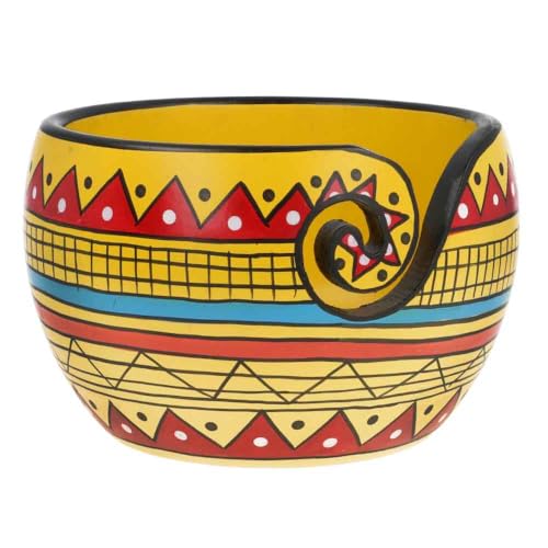 Image of Scheepjes Mango Wood Yarn Bowl - 11x12.5cm Gele Streep - Perfect voor Breien, Haken en Creatief Werk