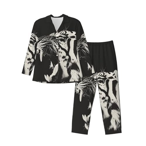 Growling Tiger Opening Mouth Mens Pajamas Set Button Down Sleepwear Set Long Sleeve Loungewear With Pockets3
