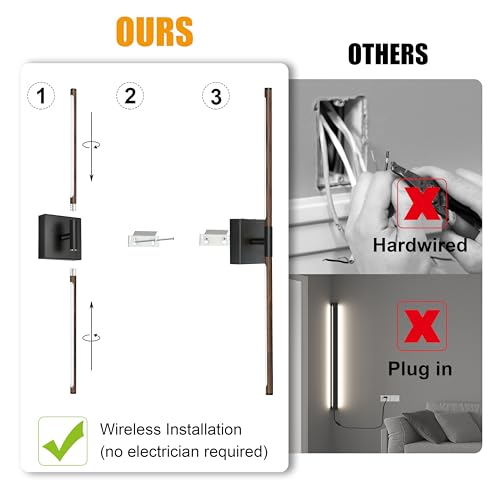 Image of Morauroral 24″ Walnut Black Battery Operated Wall Sconces, Dimmable Wall Sconces with Remote Control, Rechargeable Sconces Wall Lighting, LED Wireless Wall Lights for Bedroom, Living Room, Bathroom