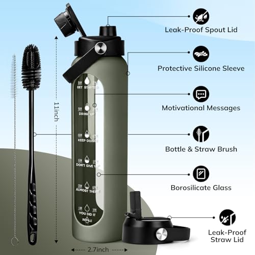 Image of Aqulea 32 oz Glass Water Bottle with 2 Lids - Spout & Straw Lids, 1L Motivational Borosilicate Glass Water Bottle with Time Marker & Silicone Sleeve, Leakproof (Sage)